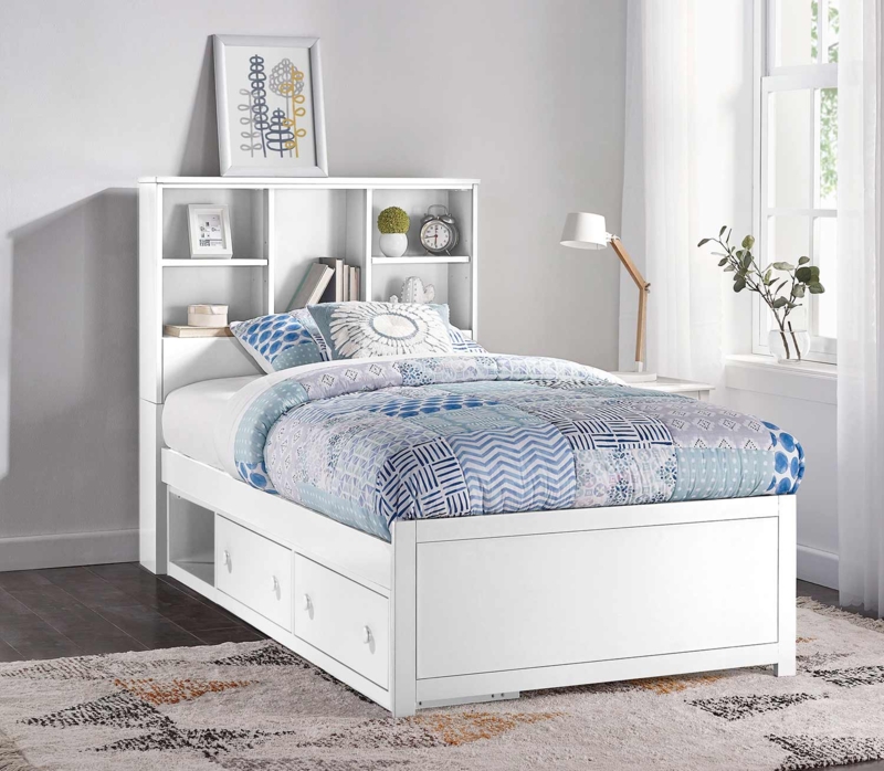 Bookcase Bed, White Painted Finish, Three Drawers, White Knob Pulls