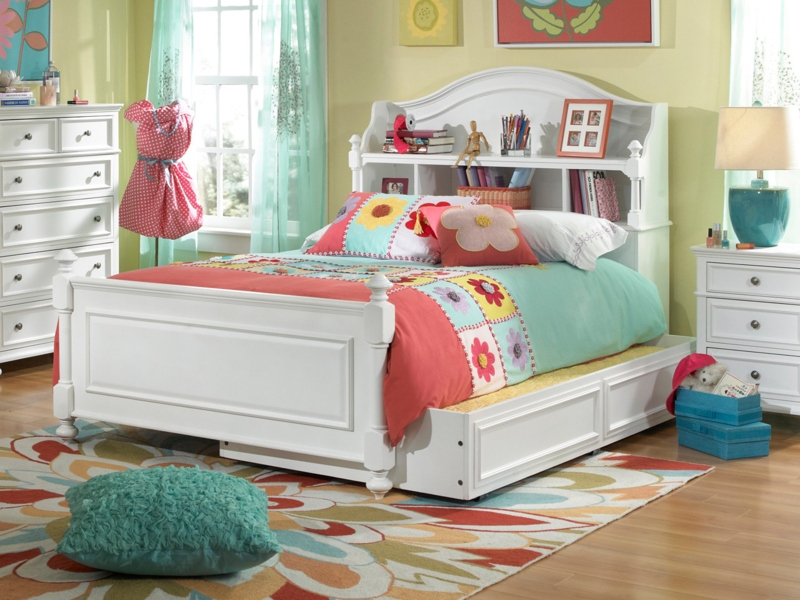 Bookcase Bed with Trundle, White Arched Headboard, Cottage Style