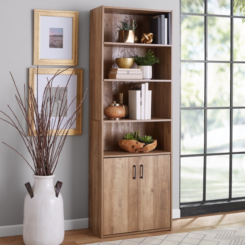 Bookcase with Doors, Weathered Oak, Matte Black Hardware
