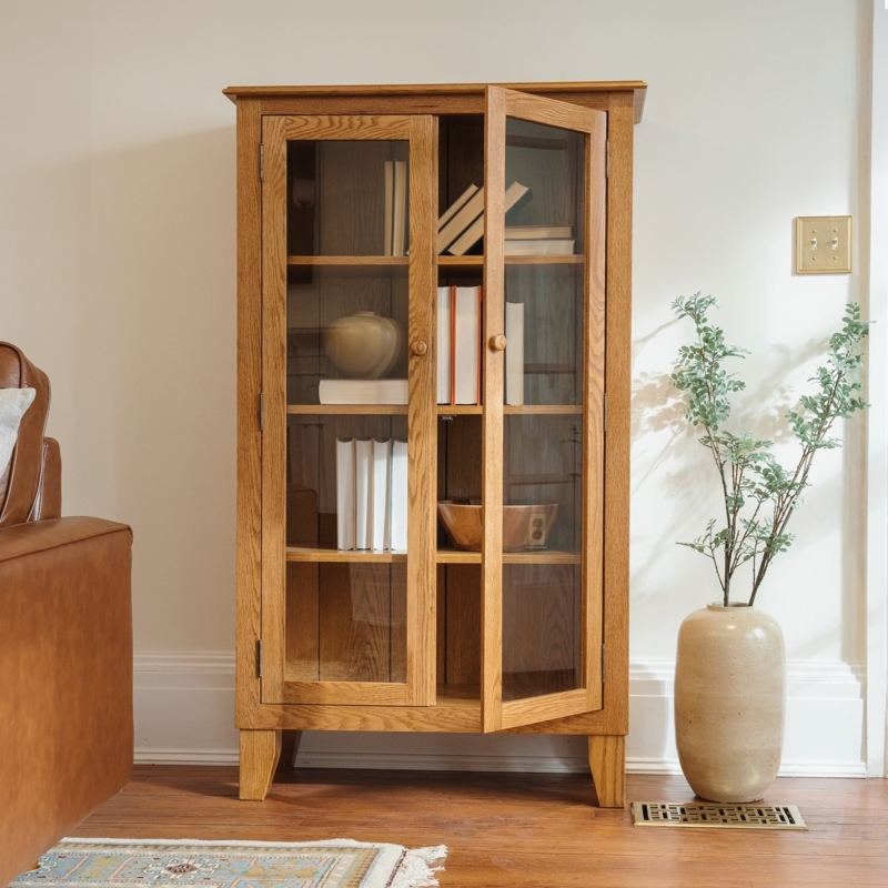 Bookcase with Glass Doors, Tapered Legs, Wood Knobs
