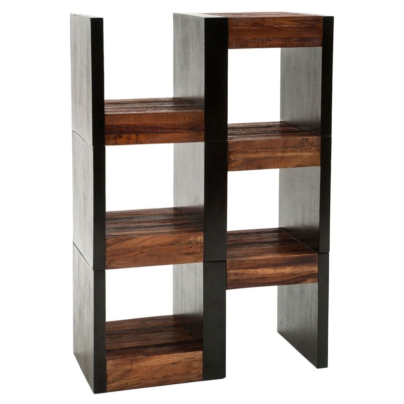 Bookcase with Staggered Shelves, Geometric Rustic Reclaimed Wood