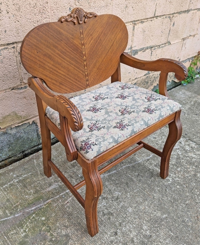 Bookmatched Wood Back Chair Victorian Floral Upholstery Carved Crest
