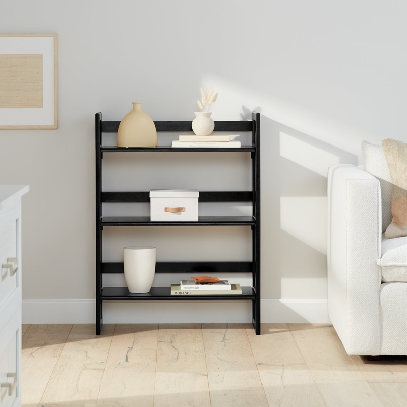Bookshelf Matte Black Finish with Slatted Back, Folding Design