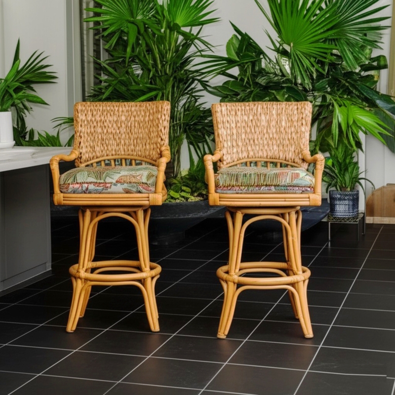 Botanical Bar Stool Swivel Rattan Wicker Back Tropical Upholstery