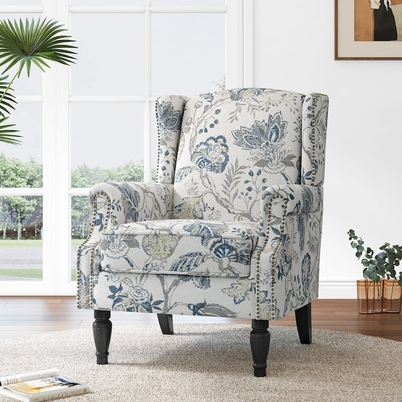 Botanical Print Wingback Accent Chair with Nailhead Trim
