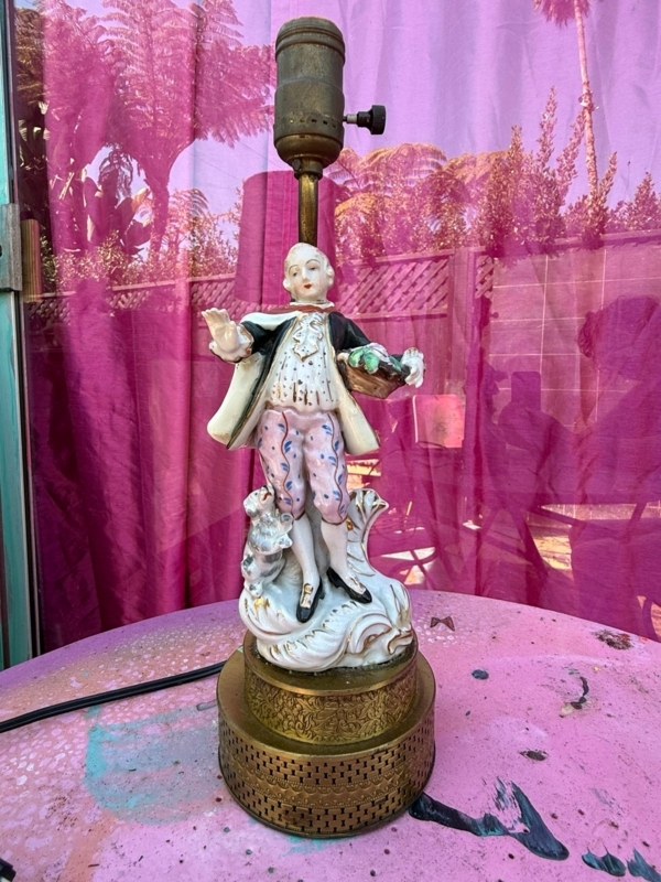 Boudoir Lamp: Victorian Porcelain Figurine, Integrated Dog Detail, Filigree