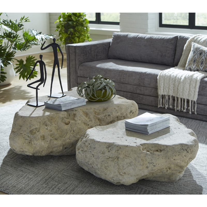 Boulder Coffee Table Set, Textured Porous Stone, Organic Modern.