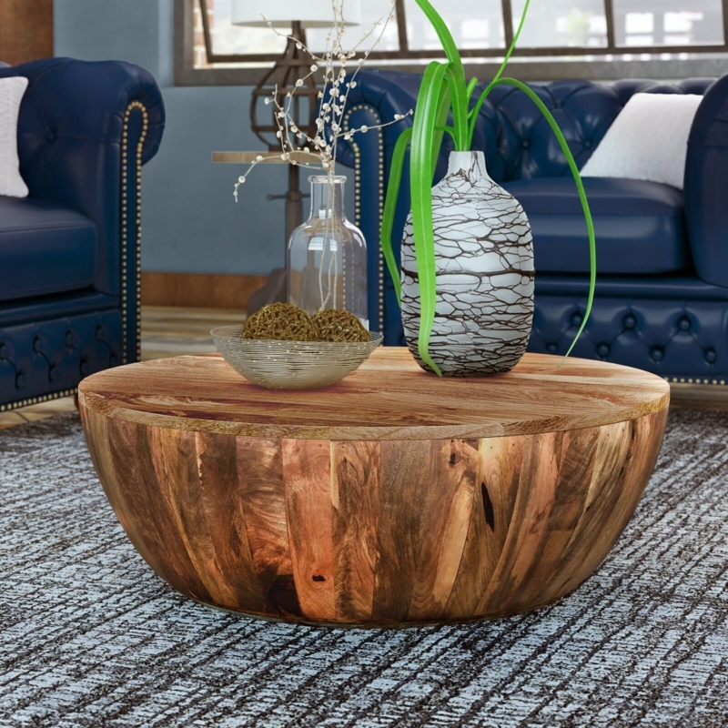 Bowl Shaped Coffee Table Round Drum Vertical Planks Wood