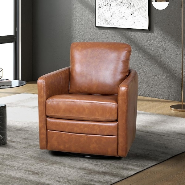Boxy Silhouette Swivel Chair Camel Faux Leather Square Arms High Back