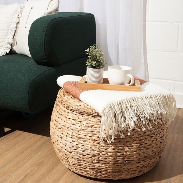 Braided Rattan Storage Ottoman Round Boho Chic Natural Tan