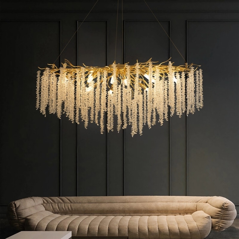 Branch Chandelier, Crystal Waterfall Fringe, Gold Rectangular Profile