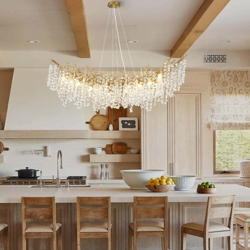 Branch Chandelier, Organic Frame, Crystal Droplets, Polished Gold, Cable
