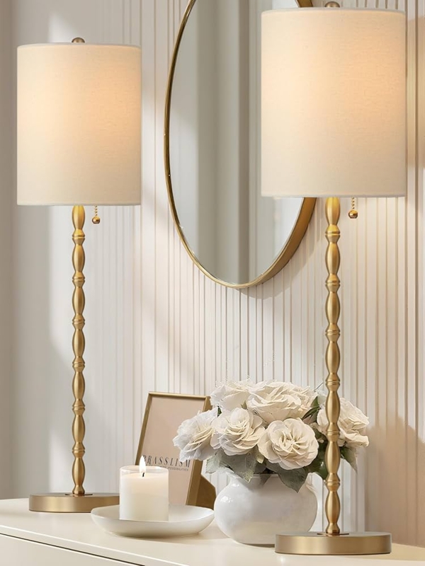 Brass Buffet Lamp Set with Beaded Spindle Stem & Pull Chain (63 chars)