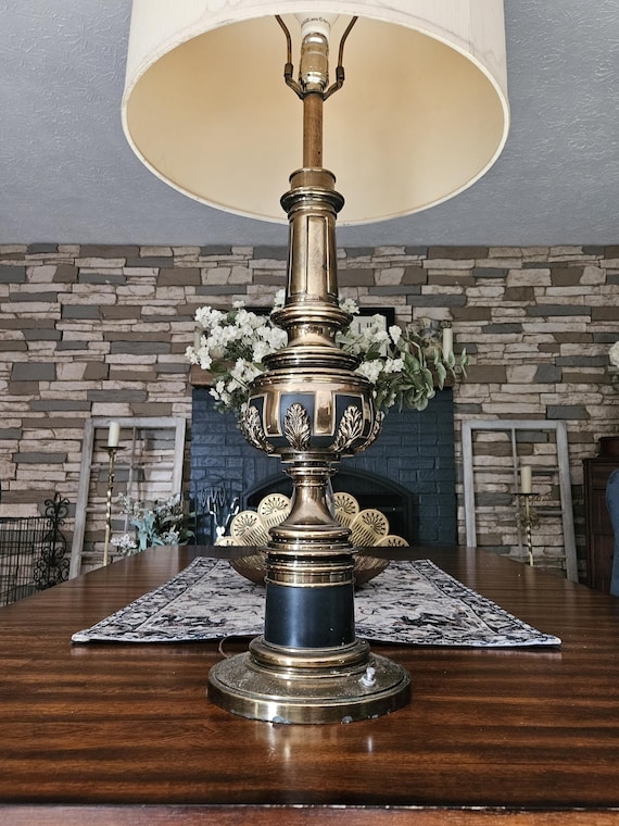 Brass Table Lamp with Acanthus Leaf Relief and Black Enamel Accents