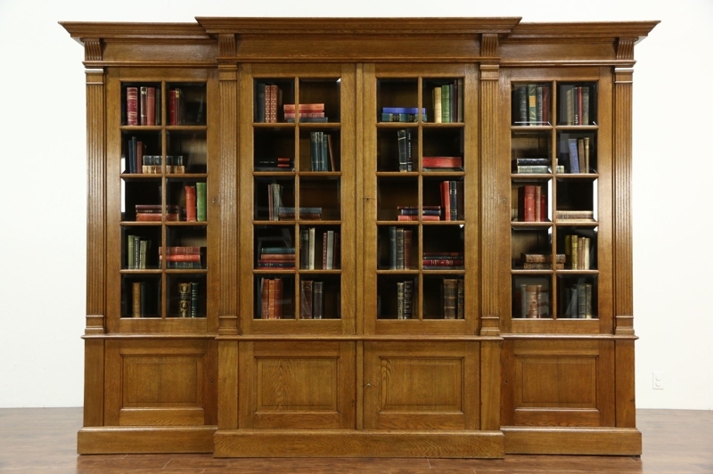 Breakfront Library Bookcase, Beveled Glass, Fluted Pilasters