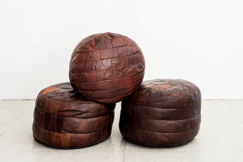 Brick Patchwork Leather Ottomans: Modular Set of Three Units
