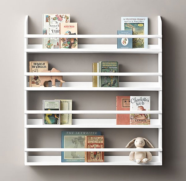 Bright White Wall Mounted Bookshelf 4-Tier, Horizontal Guard Rails.