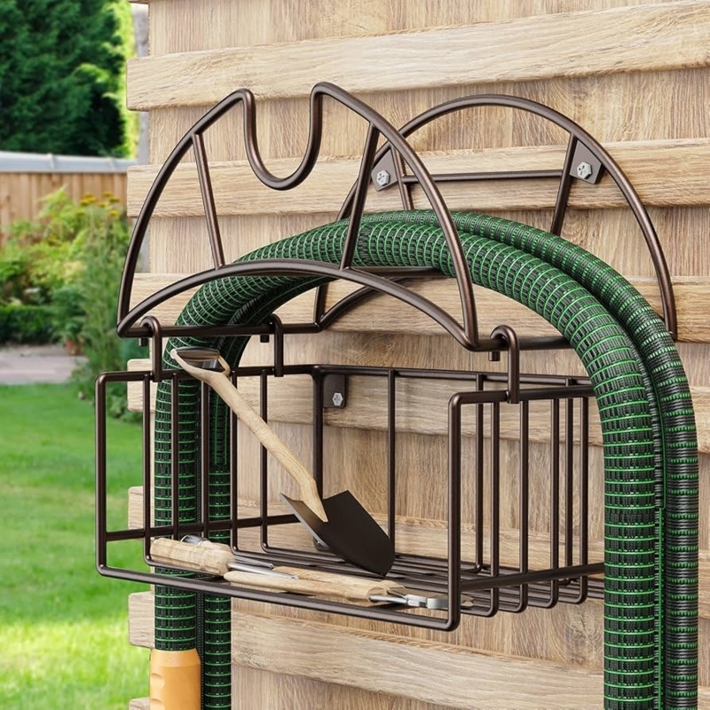 Bronze Hose Rack With Basket Oil Rubbed Finish Double Arch Top Wire