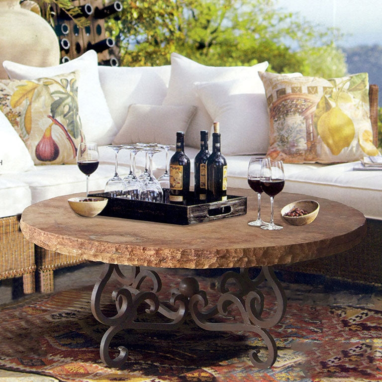 Bronze Scrolled Base Round Coffee Table, Chiseled Stone Top.