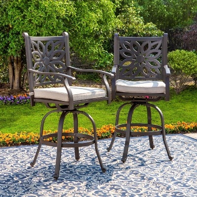 Bronze Swivel Bar Stools with Floral Cutout Back and Cushions