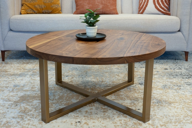 Bronze X-Base Table Round Walnut Top Modern Transitional