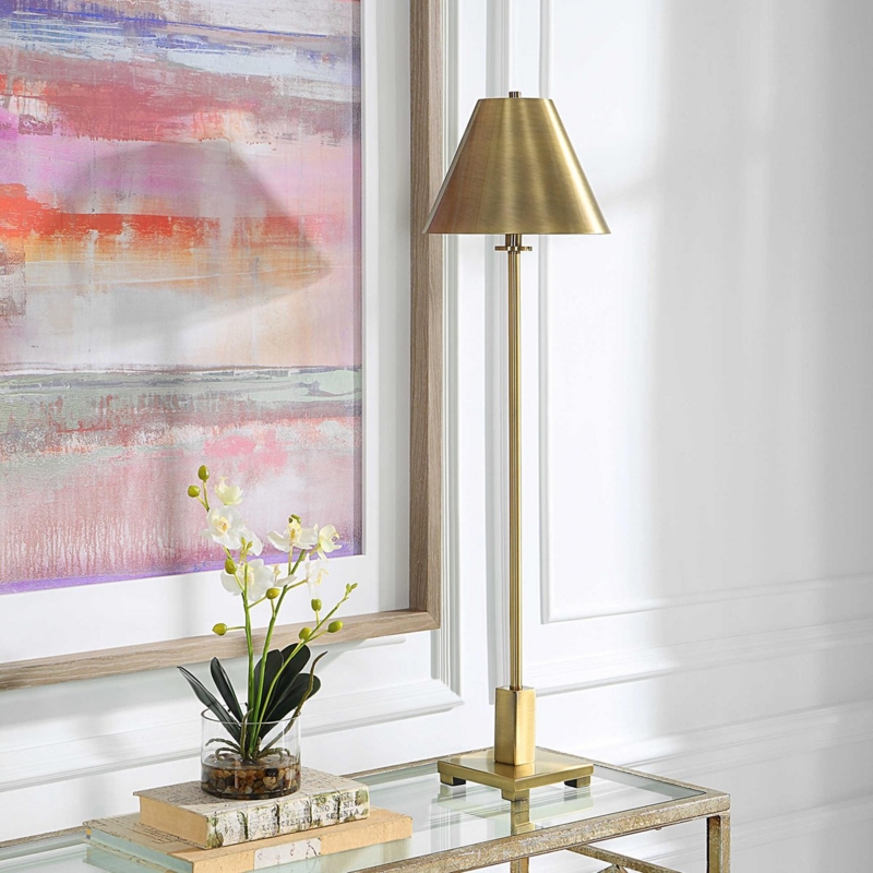 Brushed Brass Buffet Lamp featuring Matching Metal Conical Shade (67 chars)