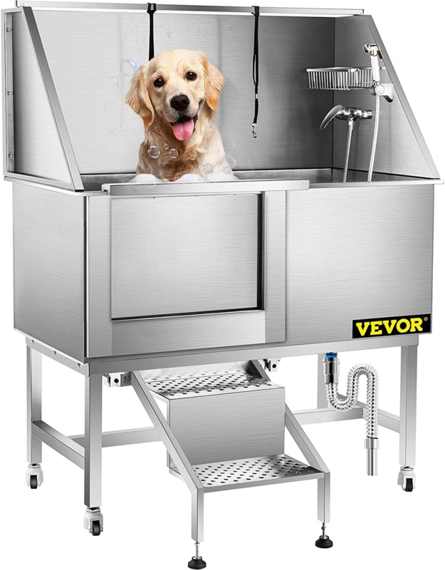 Brushed Steel Grooming Tub with Locking Casters