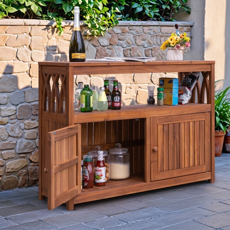 Buffet Cabinet Acacia Wood Lattice Sides Vertical Slat Doors