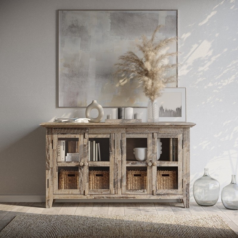 Buffet Cabinet Glass Paneled Doors Woven Storage Baskets Rustic Glass