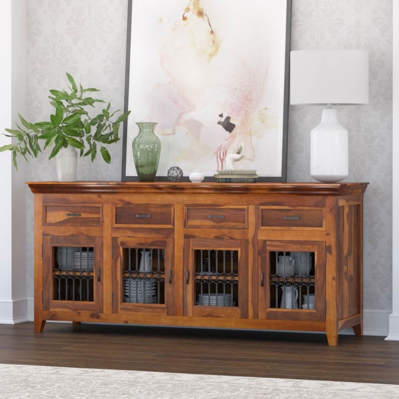 Buffet Cabinet Iron Grill Doors Honey Brown Wood Four Drawer Top