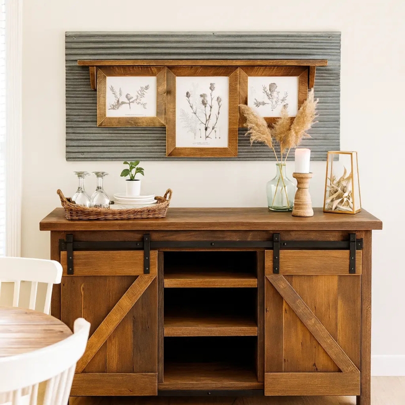 Buffet Cabinet Sliding Barn Doors Open Shelving X-Brace Detailing