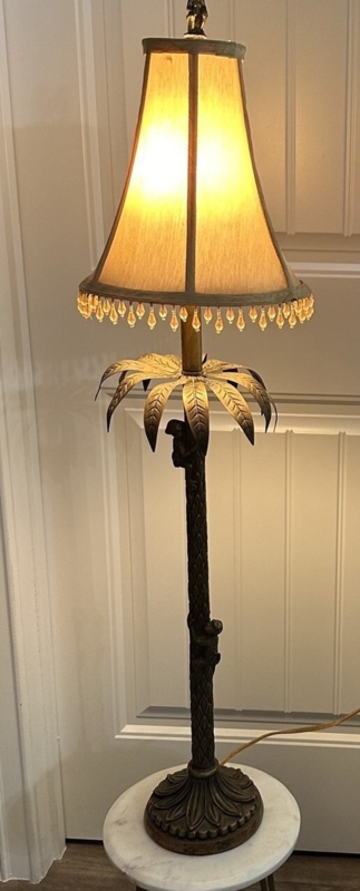 Buffet Lamp: Antique Bronze Base, Climbing Monkeys, Beaded Fringe Shade