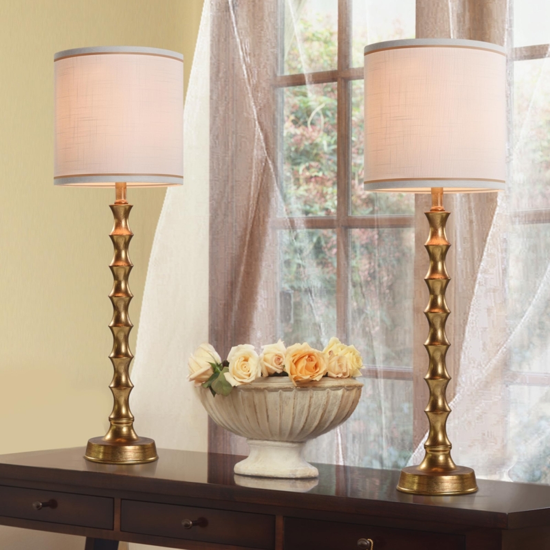 Buffet Lamps Set: Gold Segmented Column & Textured Shade (60 chars)
