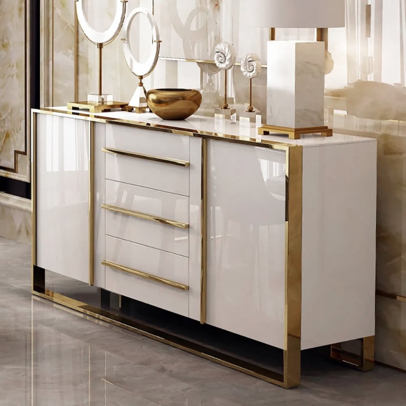Buffet Sideboard Glossy White with Gold Open Frame Base