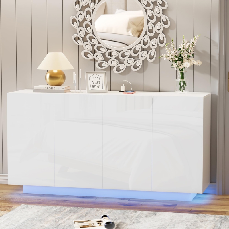 Buffet Sideboard High Gloss White with Integrated Charging Station