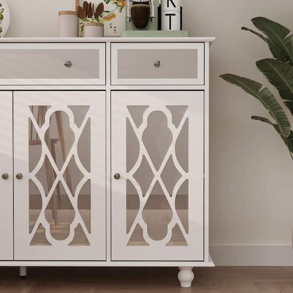 Buffet Sideboard with Fretwork Overlay and Mirrored Drawer Storage