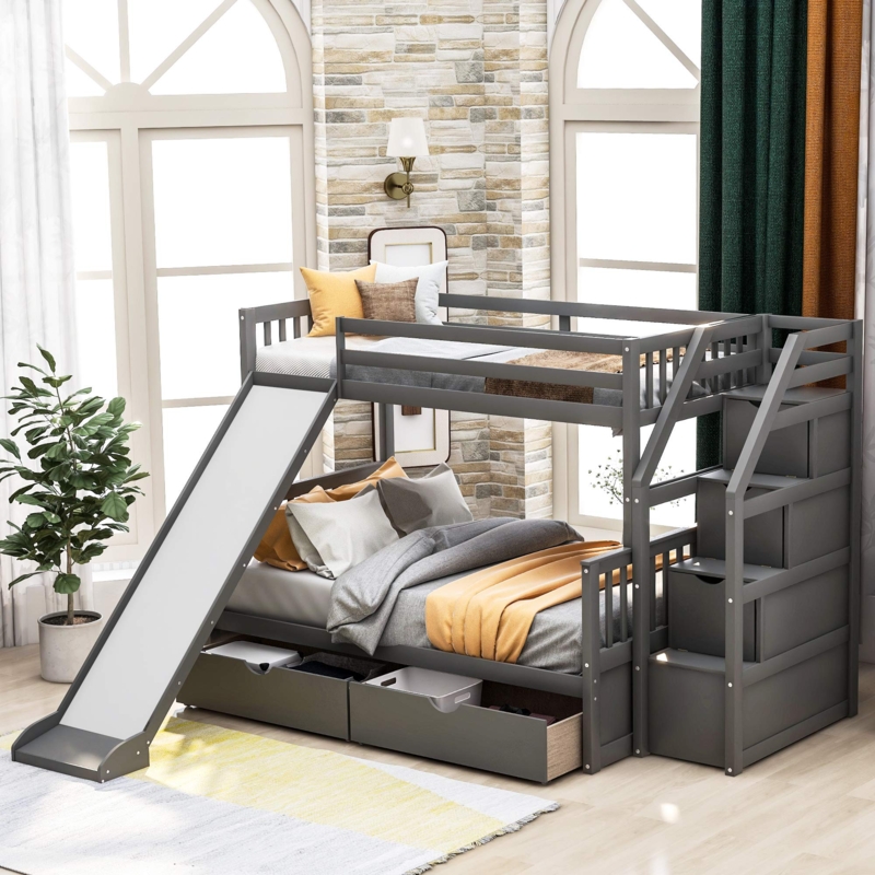 Bunk Bed with Slide and Storage Staircase in Slate Grey