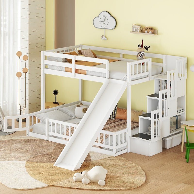 Bunk Bed with Slide Storage Staircase and Built-in Shelving