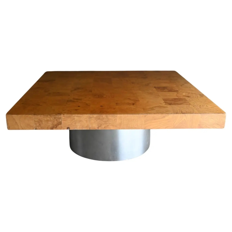 Burlwood Coffee Table with Thick Square Top on Cylindrical Pedestal
