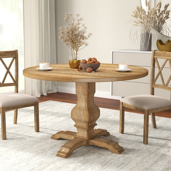 Burnished Oak Pedestal Dining Table with Farmhouse Cross-Back Chairs