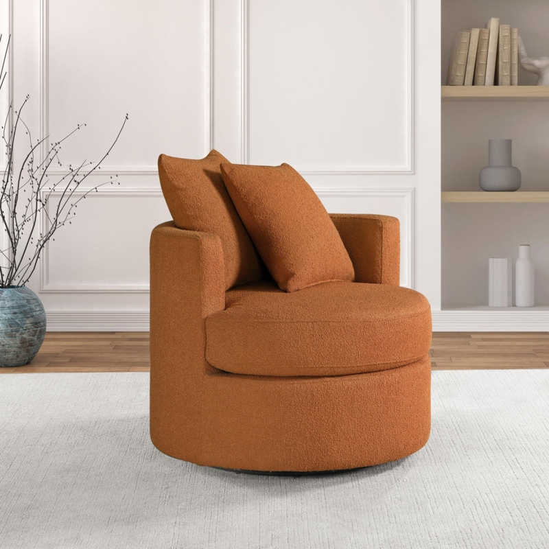 Burnt Orange Boucle Swivel Chair, Barrel Back, Textured
