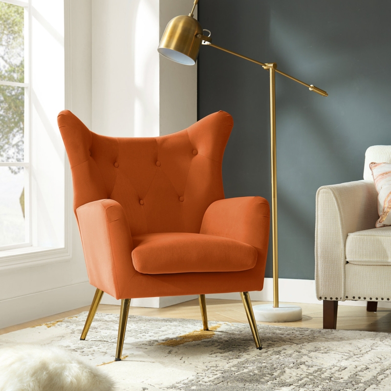 Burnt Orange Velvet Diamond Tufted Wingback Chair with Brushed Gold Legs