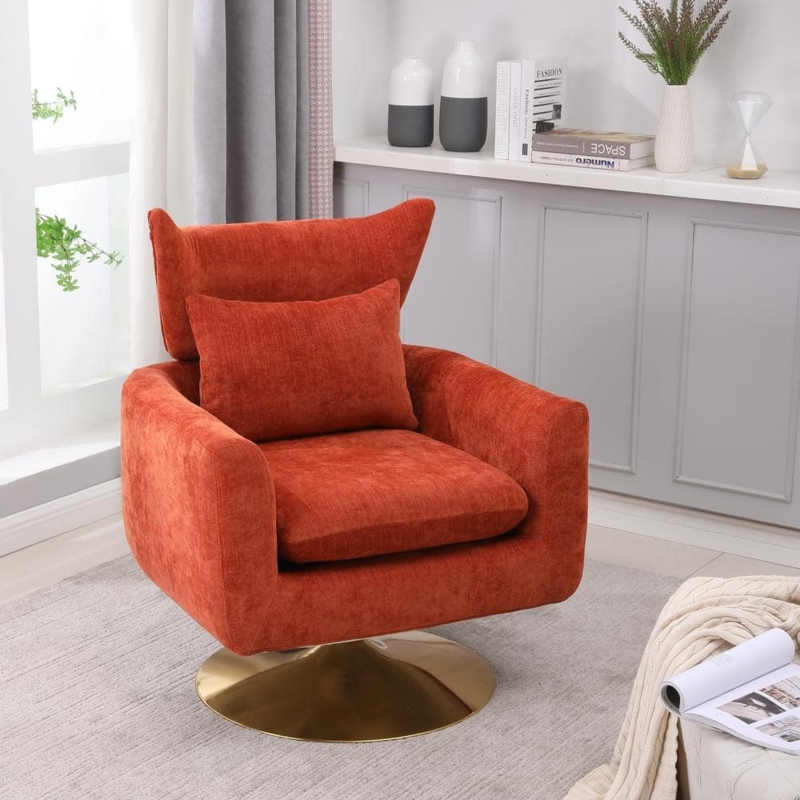 Burnt Orange Winged Accent Chair, Gold Pedestal Swivel Base
