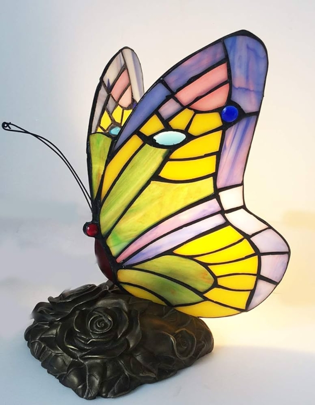 Butterfly Table Lamp: Yellow & Lavender Blue Stained Glass Rose Base