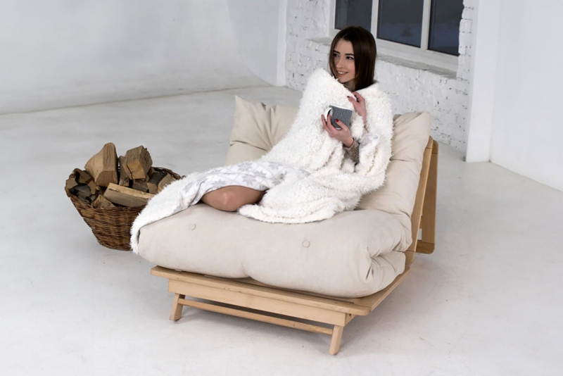 Button Tufted Futon Chair Bed, Light Wood Scandinavian Style