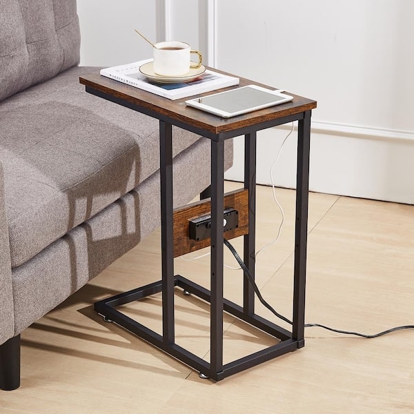 C-Shaped End Table Integrated Power Strip Industrial Modern Walnut Black