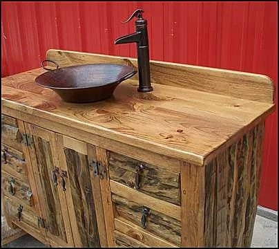 Cabin Style Bathroom Vanity with Rough Hewn Wood and Live Edge Detail