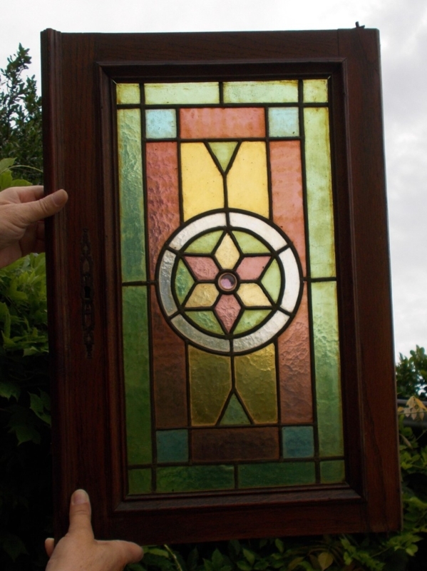 Cabinet Door Victorian Stained Glass Geometric Star Motif Antique Wood