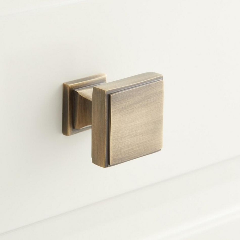 Cabinet Knob: Antique Brass Square Head Stepped Edge Square Backplate