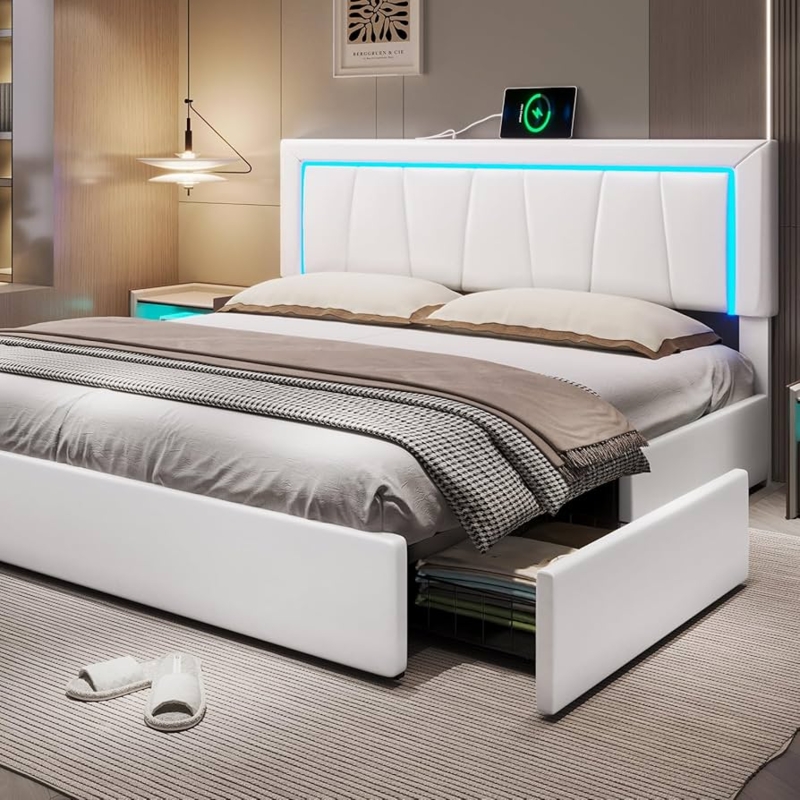 Cal King Storage Bed, LED Headboard and Integrated Charging Station